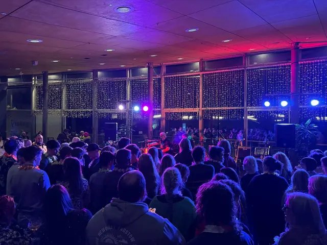 A packed room watching the band under pink and blue lights.