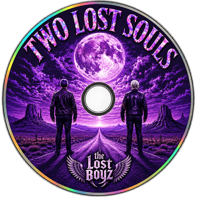 The Two Lost Souls CD: two figures walking a desert road beneath a violet full moon.